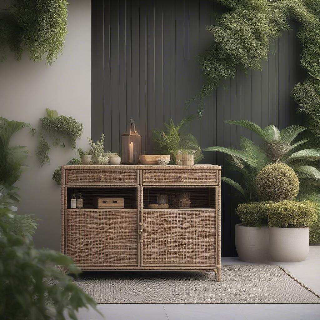 Outdoor Wicker Console Cabinet on a Patio