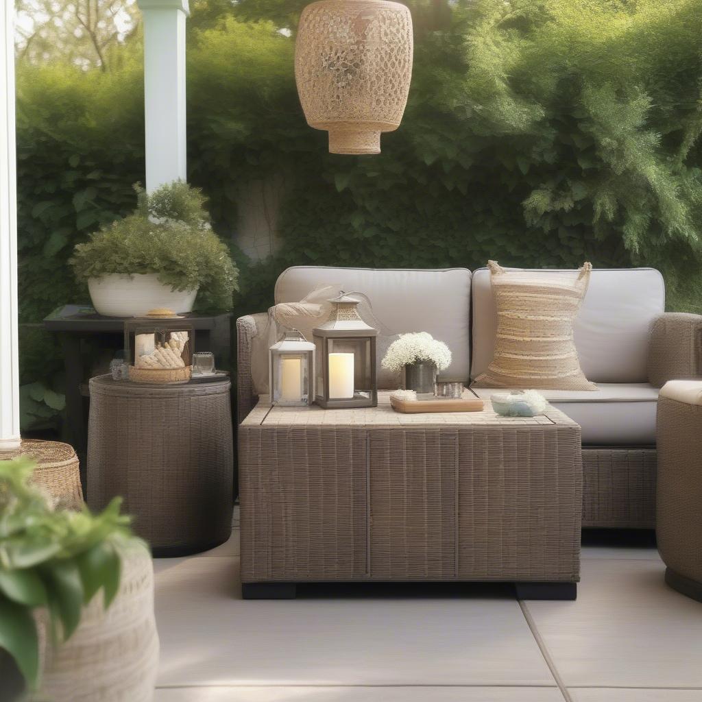 Outdoor Wicker Side Table with Storage on Patio