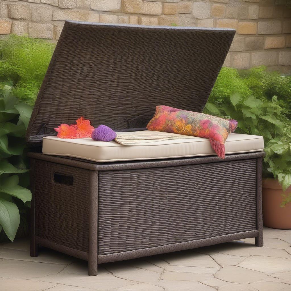 Outdoor Wicker Storage Bench on a Patio