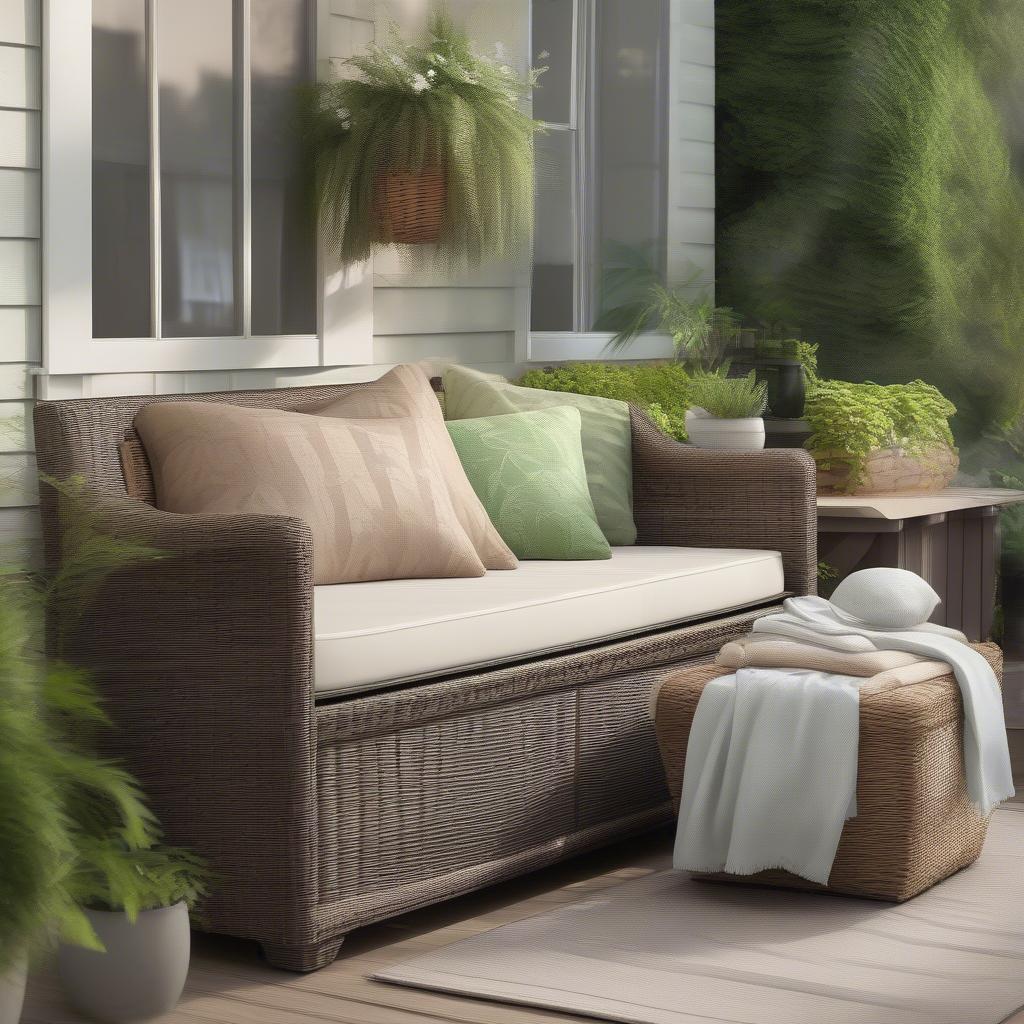 Outdoor Wicker Storage Bench on a Patio