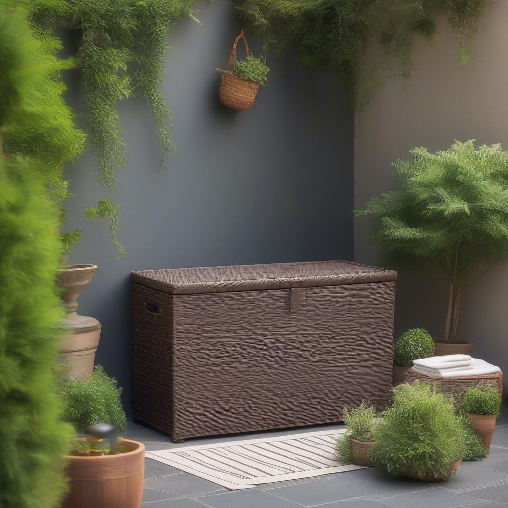 Wicker storage box on a patio with garden tools inside