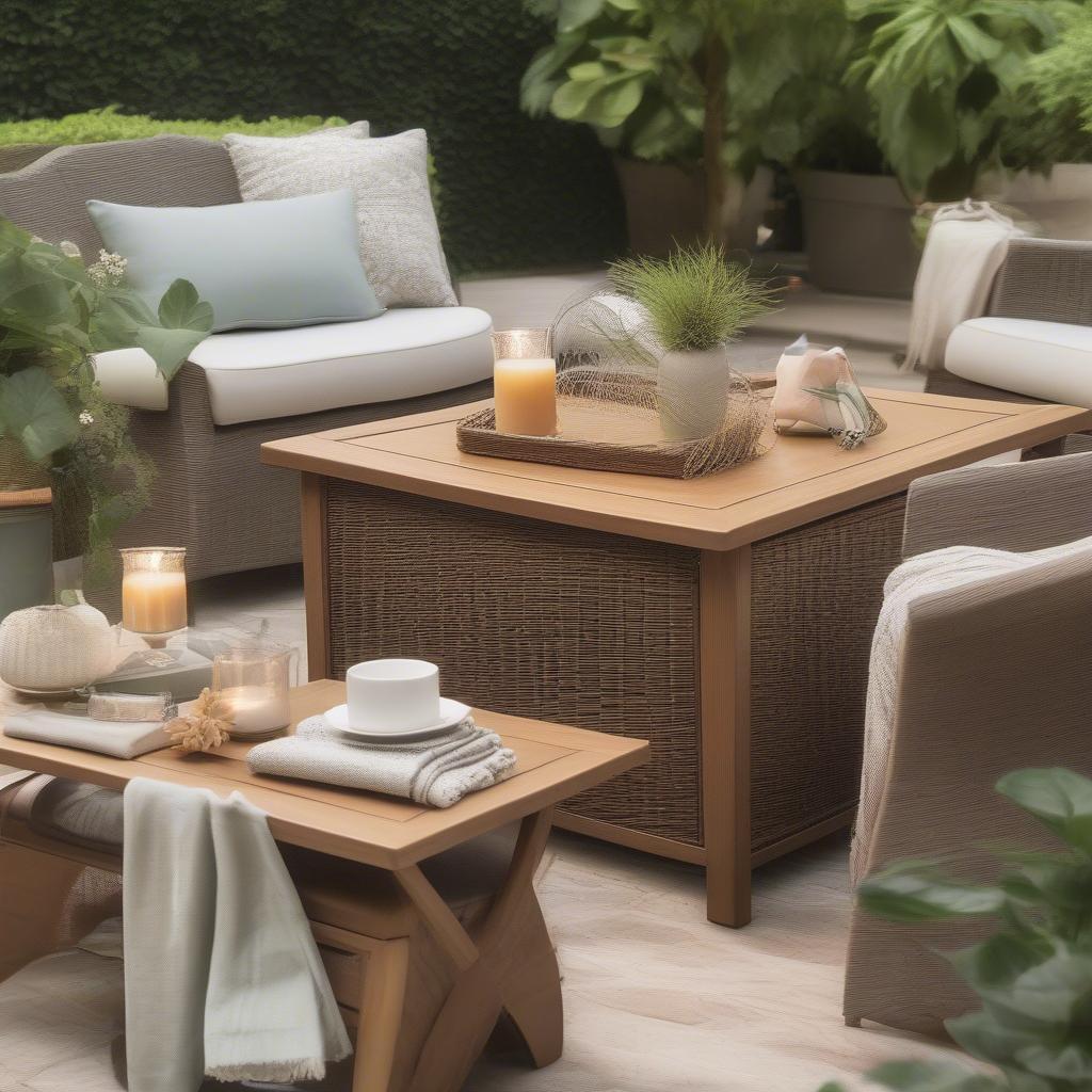 Outdoor wicker storage coffee table on a patio with cushions and plants