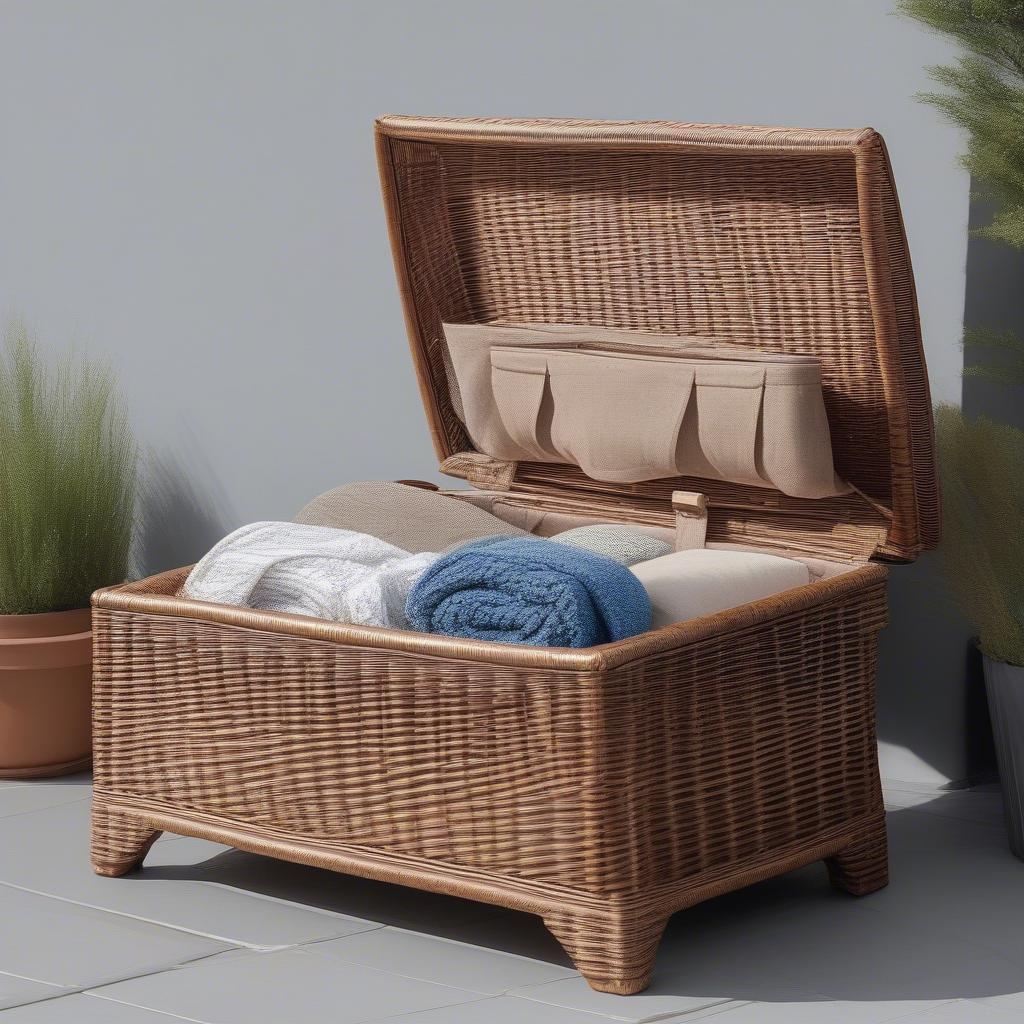 Outdoor Wicker Storage Footstool with Hidden Compartment showing its spacious storage capacity.