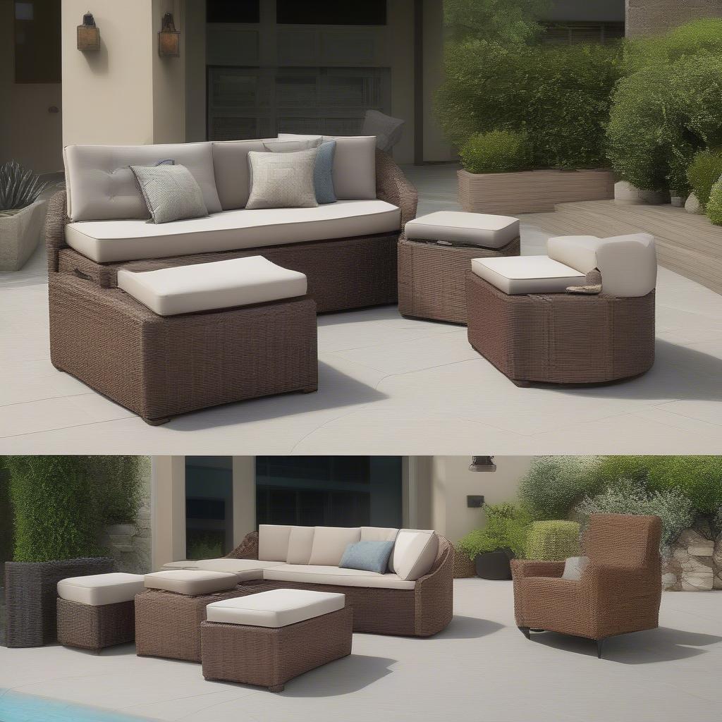 Outdoor Wicker Storage Ottomans on a Patio