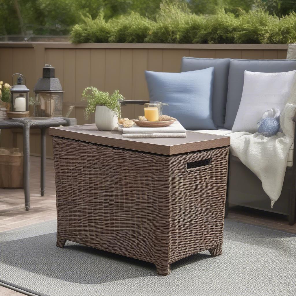 An outdoor wicker storage table on a patio