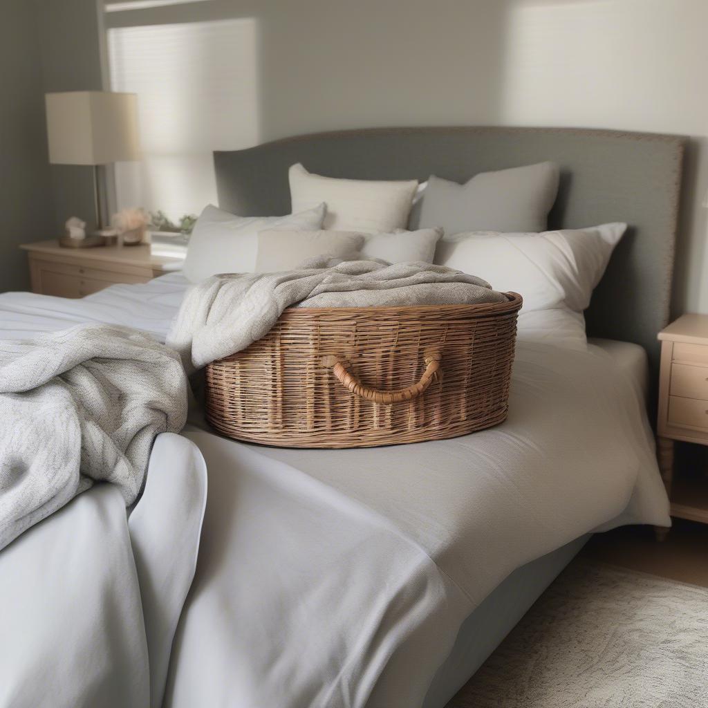 Oval wicker basket storage in a bedroom