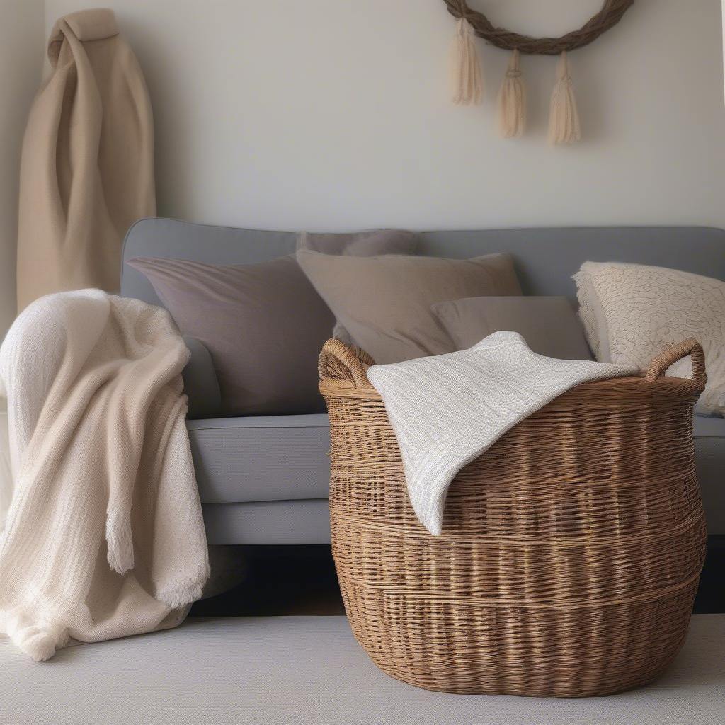 Oval wicker basket storage in a living room setting