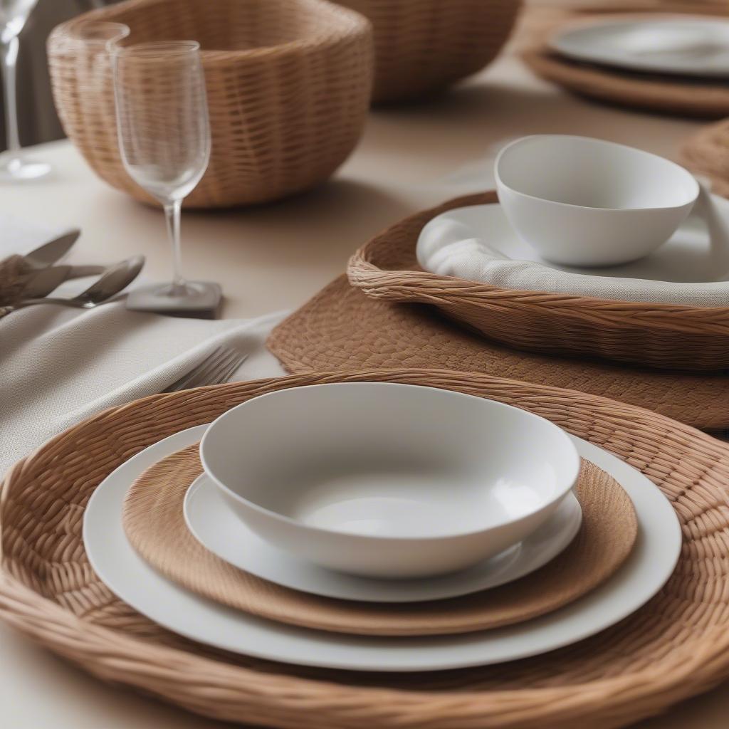 Oval wicker placemats on a dining table setting.