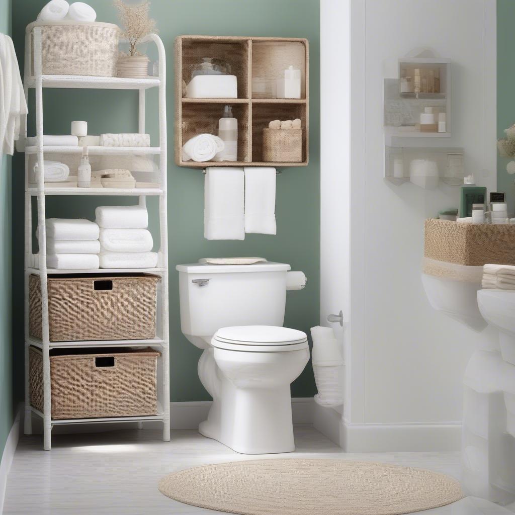 Over toilet wicker storage provides a stylish and functional solution for organizing bathroom essentials.