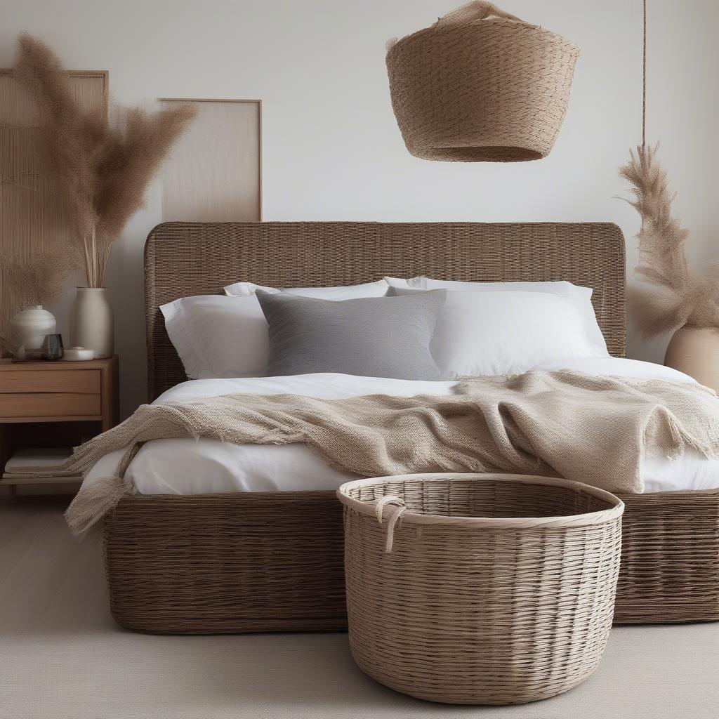 An oversized wicker basket used as a stylish storage solution for pillows in a modern bedroom setting