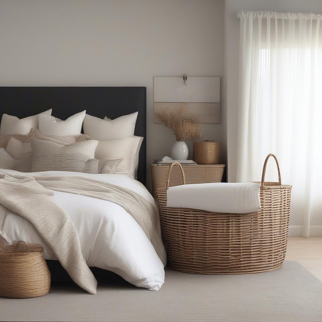 Oversized wicker baskets used as decor in a bedroom