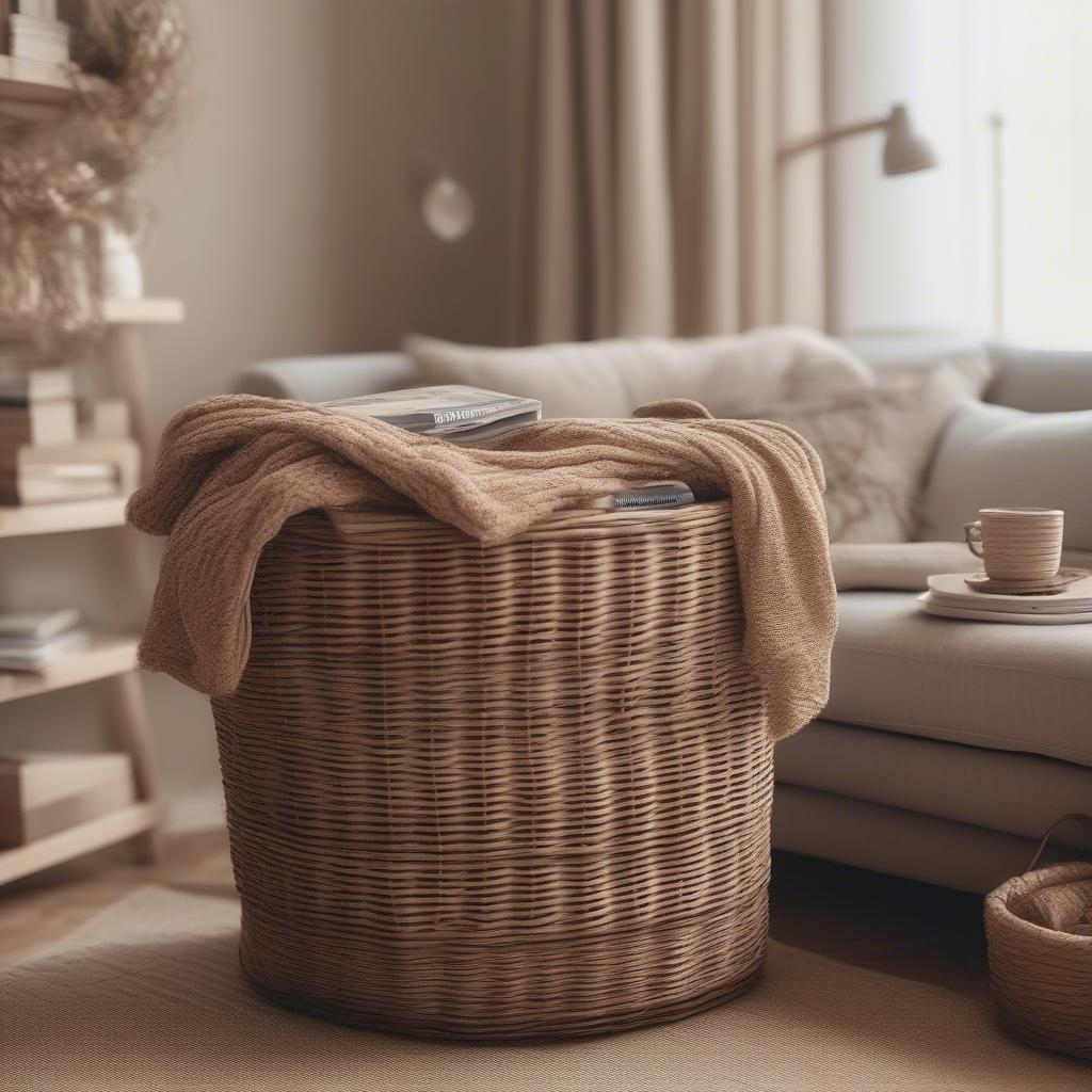 Oversized wicker storage baskets in a living room setting