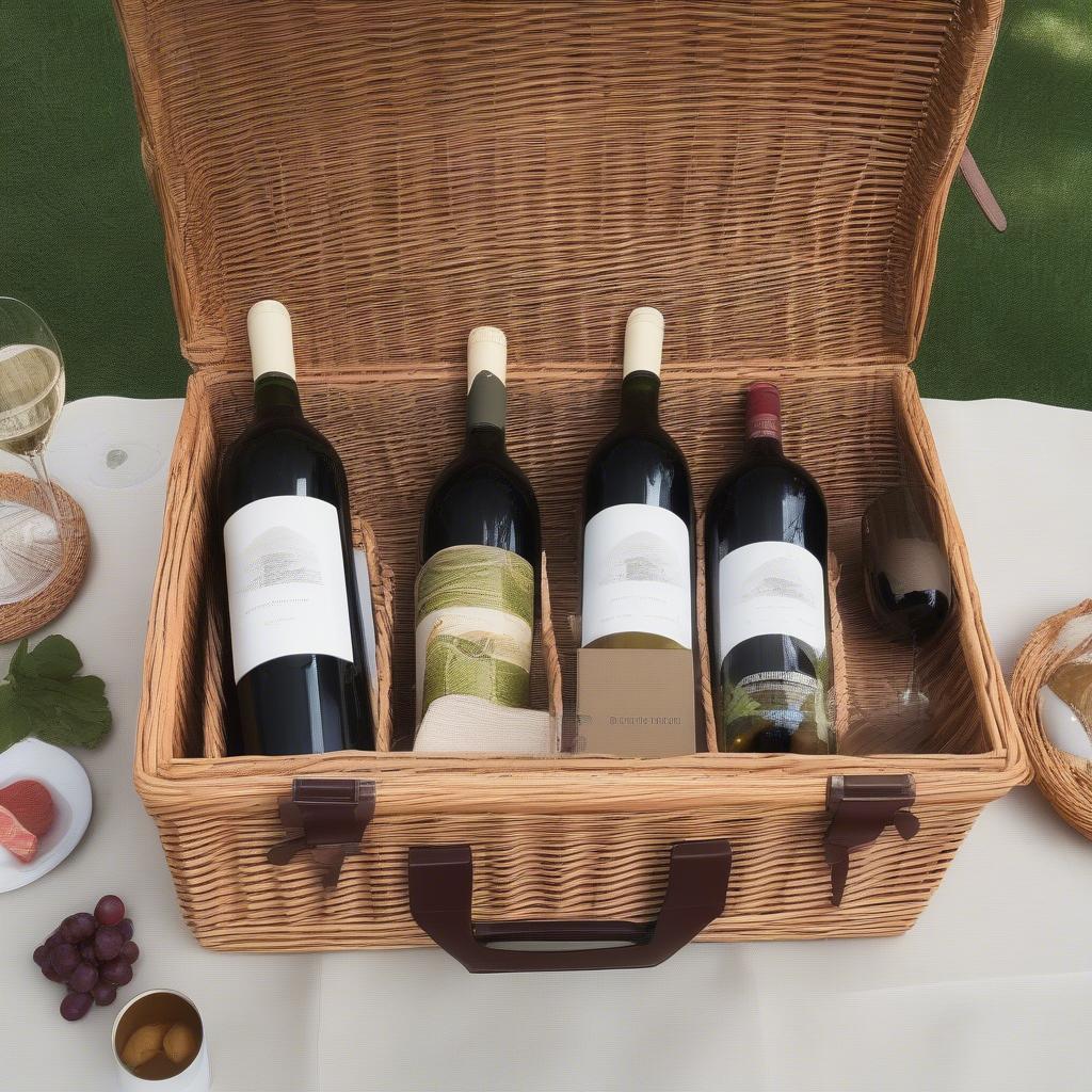 Packing a Wicker Picnic Basket with Wine and Food