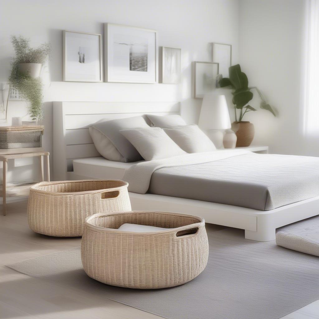 Painted white wicker underbed storage baskets in a modern bedroom.