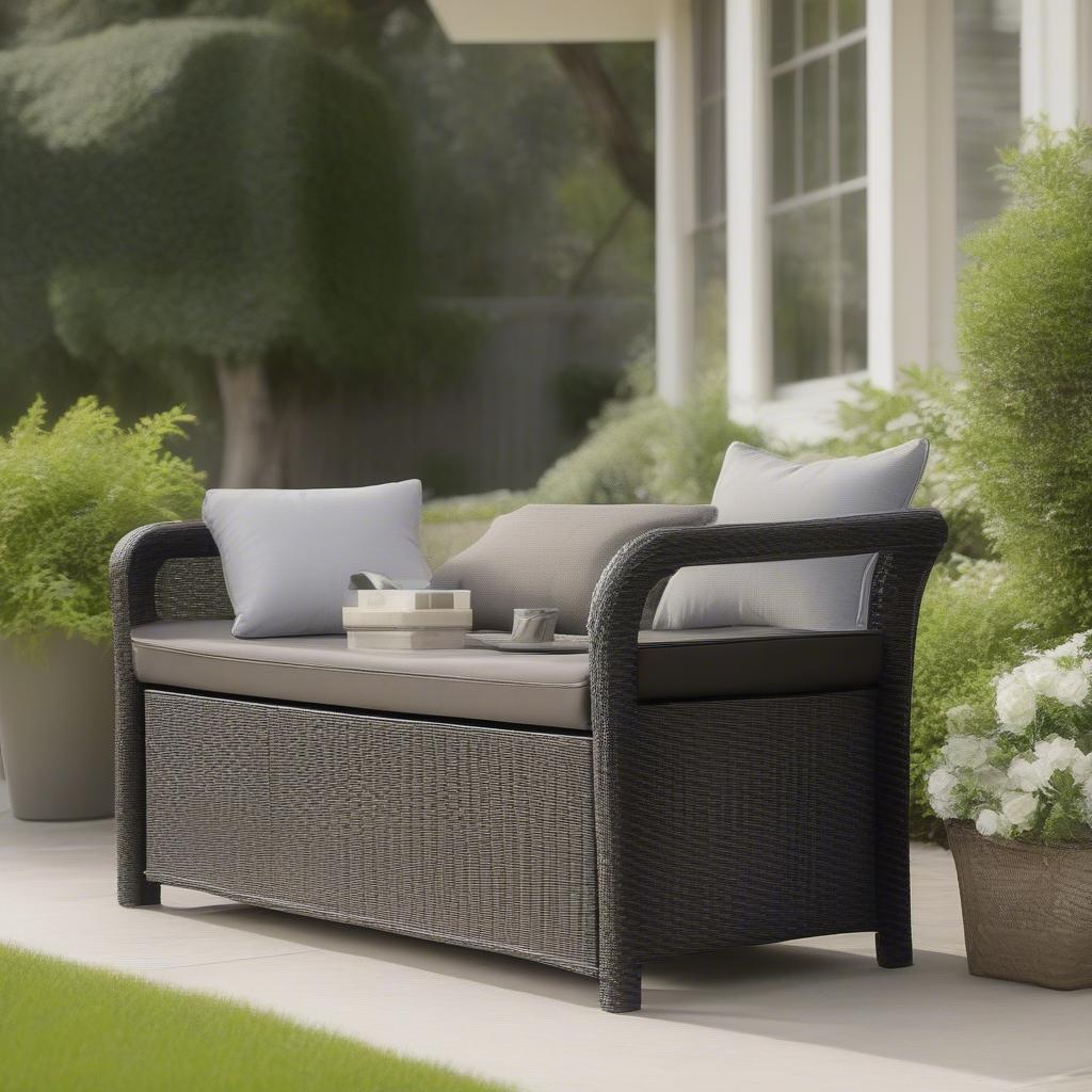 A beautiful patio resin wicker storage bench on a patio, showcasing its storage capacity and seating.