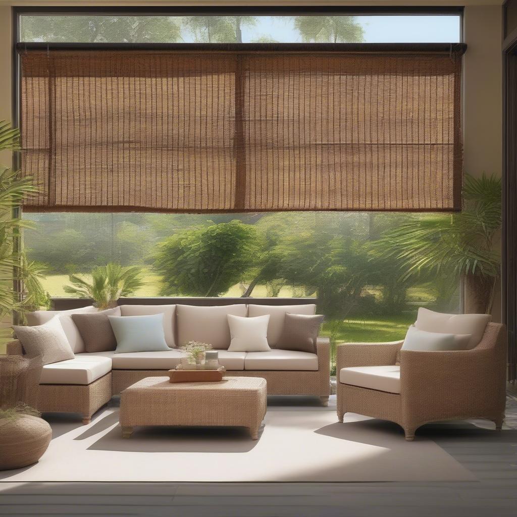 A patio with wicker blinds offering complete privacy