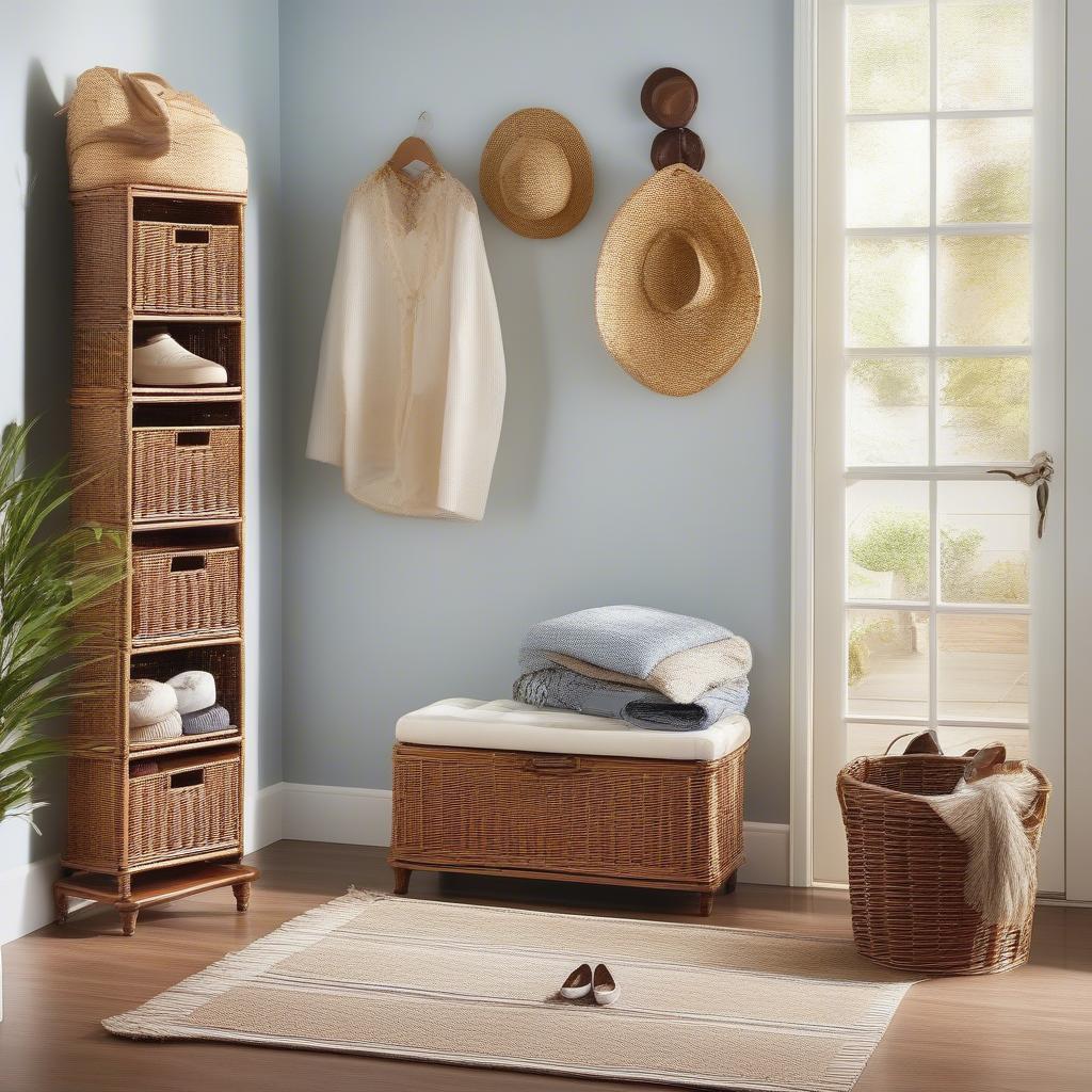 Examples of Pier One wicker shoe storage integrated into various rooms, such as entryways, bedrooms, and closets.