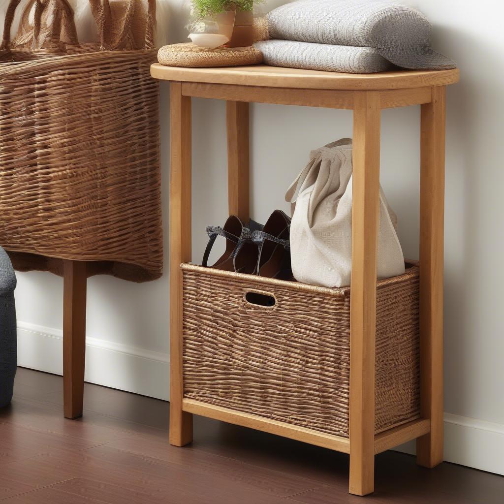 Various Pier One wicker shoe storage options showcasing different styles and sizes.