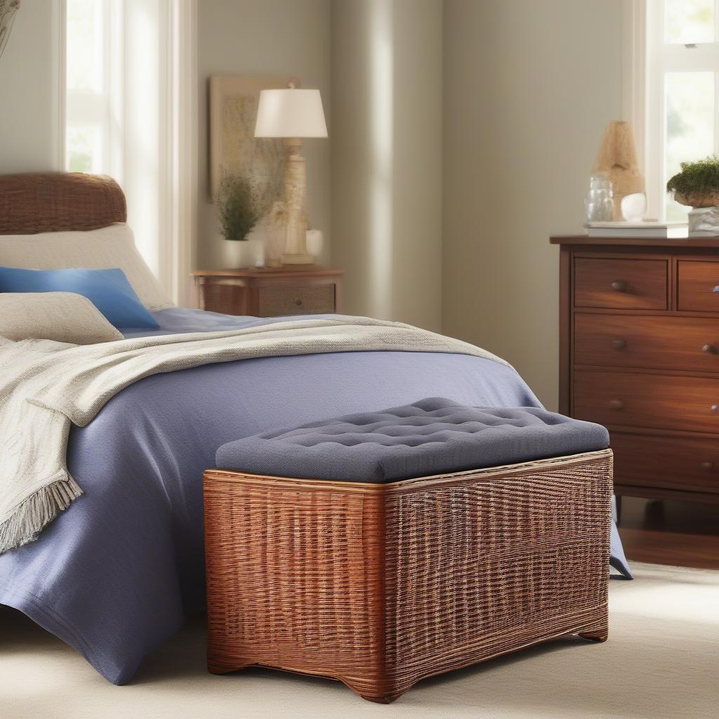 Pier One Wicker Storage Ottoman in a Bedroom Setting