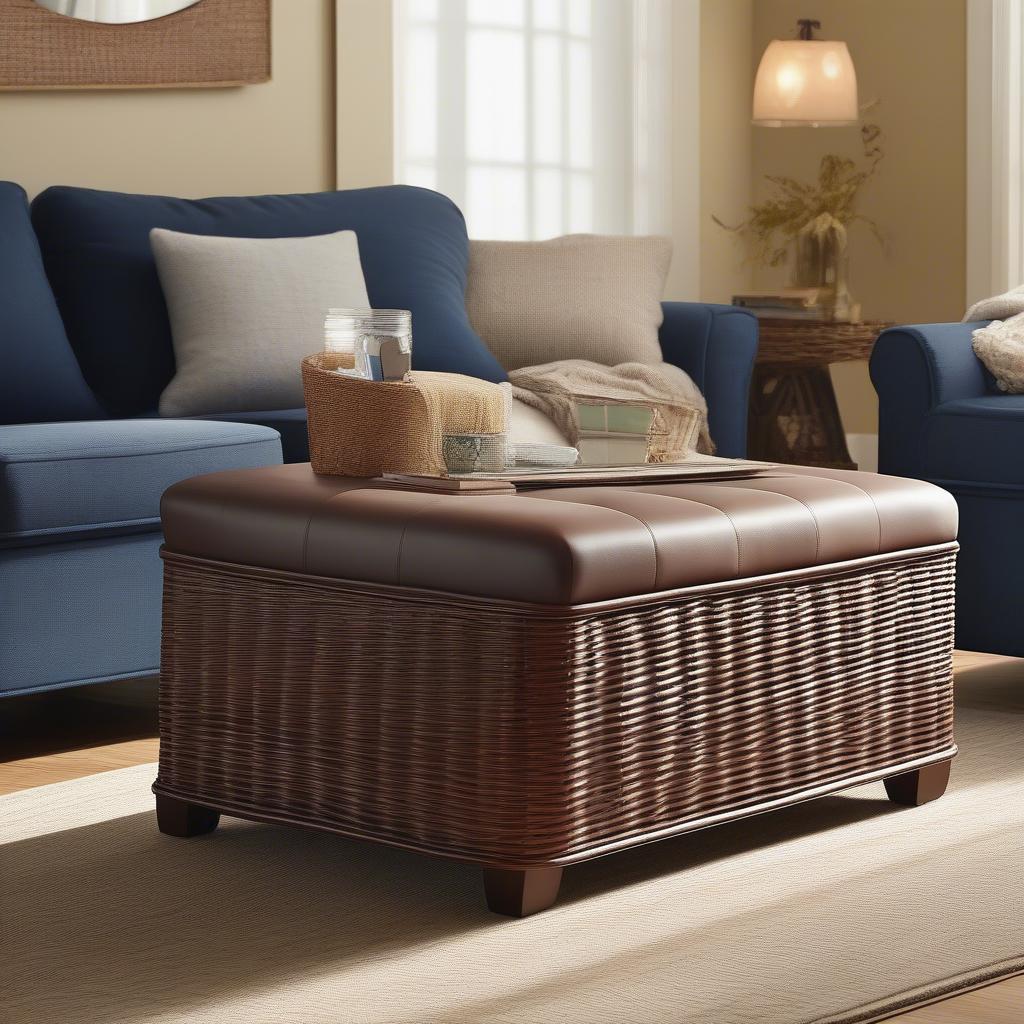 Pier One Wicker Storage Ottoman in a Living Room Setting