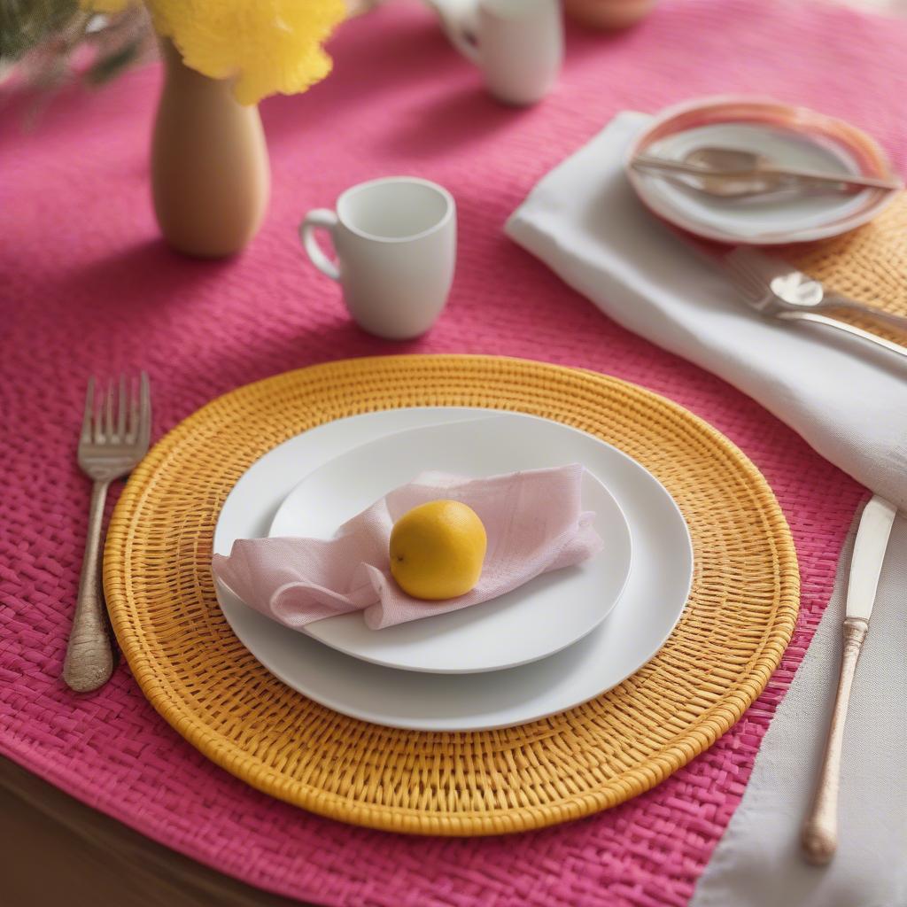 Pink and Yellow Wicker Placemats Set of 8 on a Dining Table