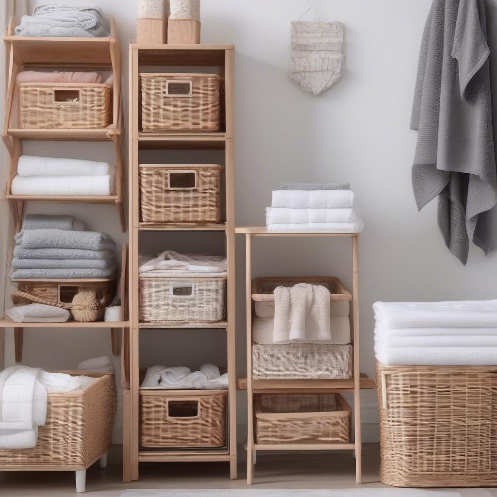 Plastic wicker baskets used to organize items in various rooms of a house.