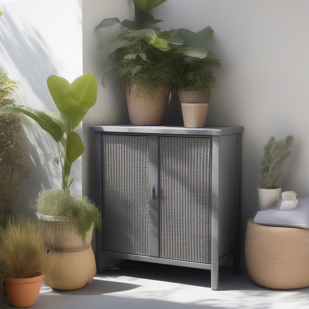 Plastic wicker cabinet on an outdoor patio, showcasing its weather resistance and stylish design.