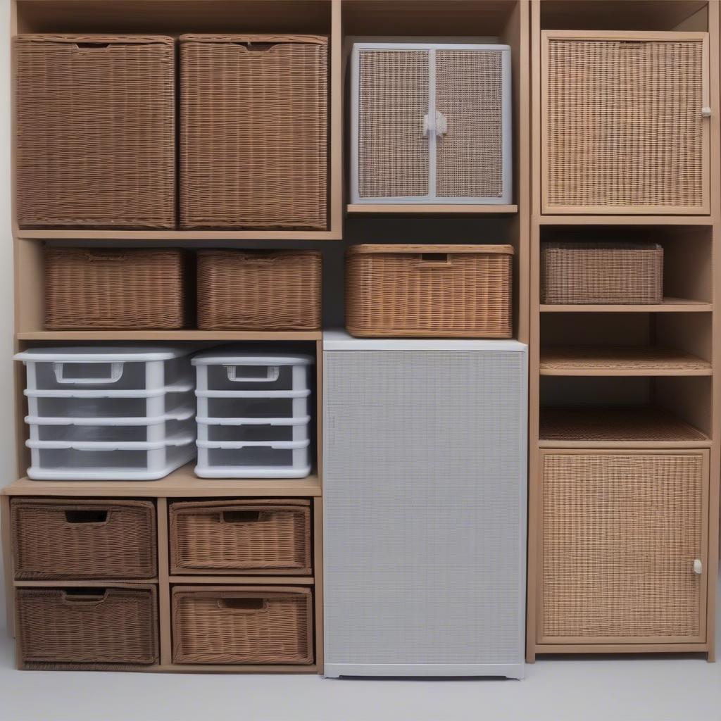 Different sizes of plastic wicker cabinets, illustrating the variety of storage options available.