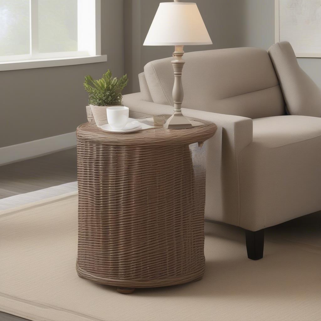 A stylish plastic wicker end table enhancing a living room setting.