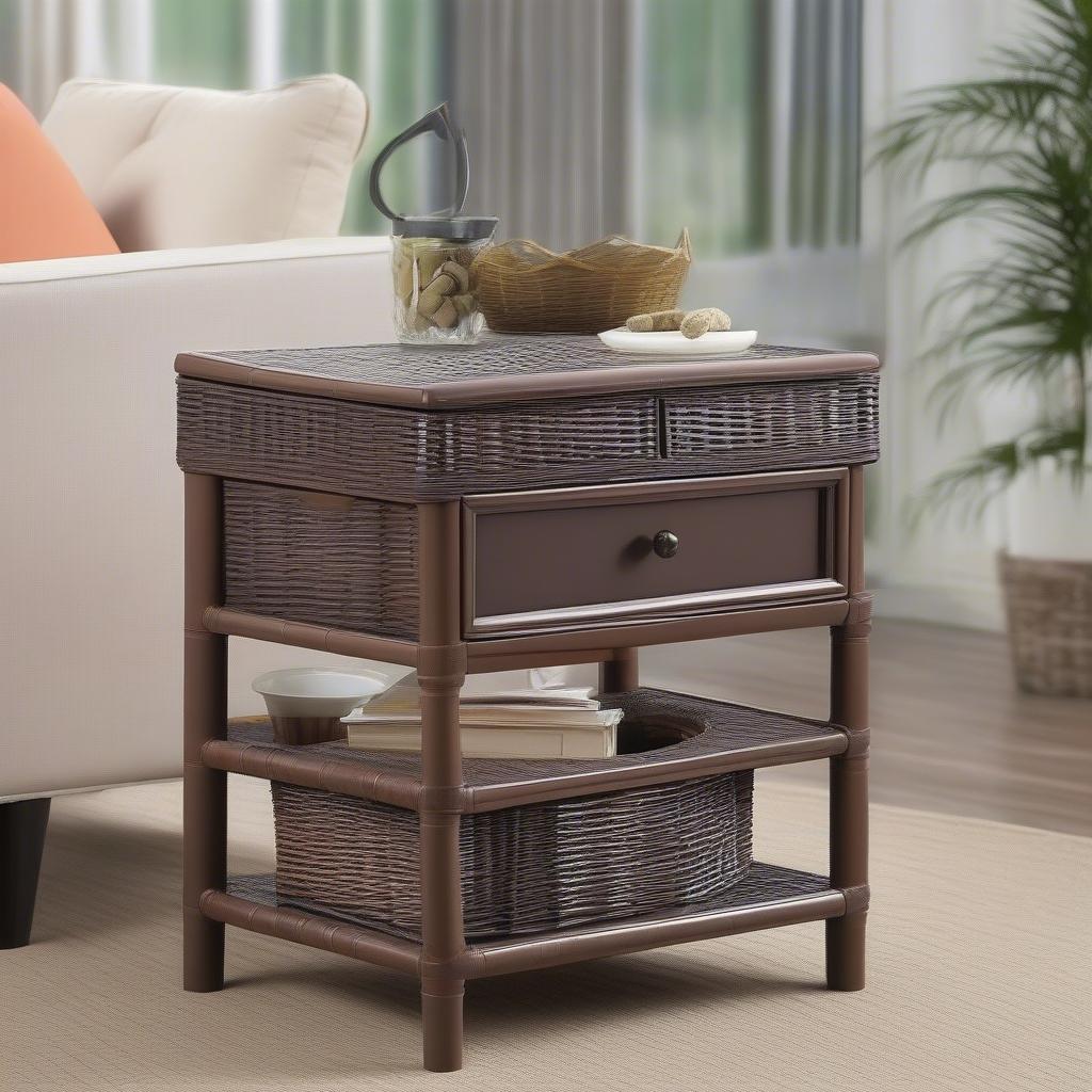 Modern plastic wicker end tables with integrated storage solutions.