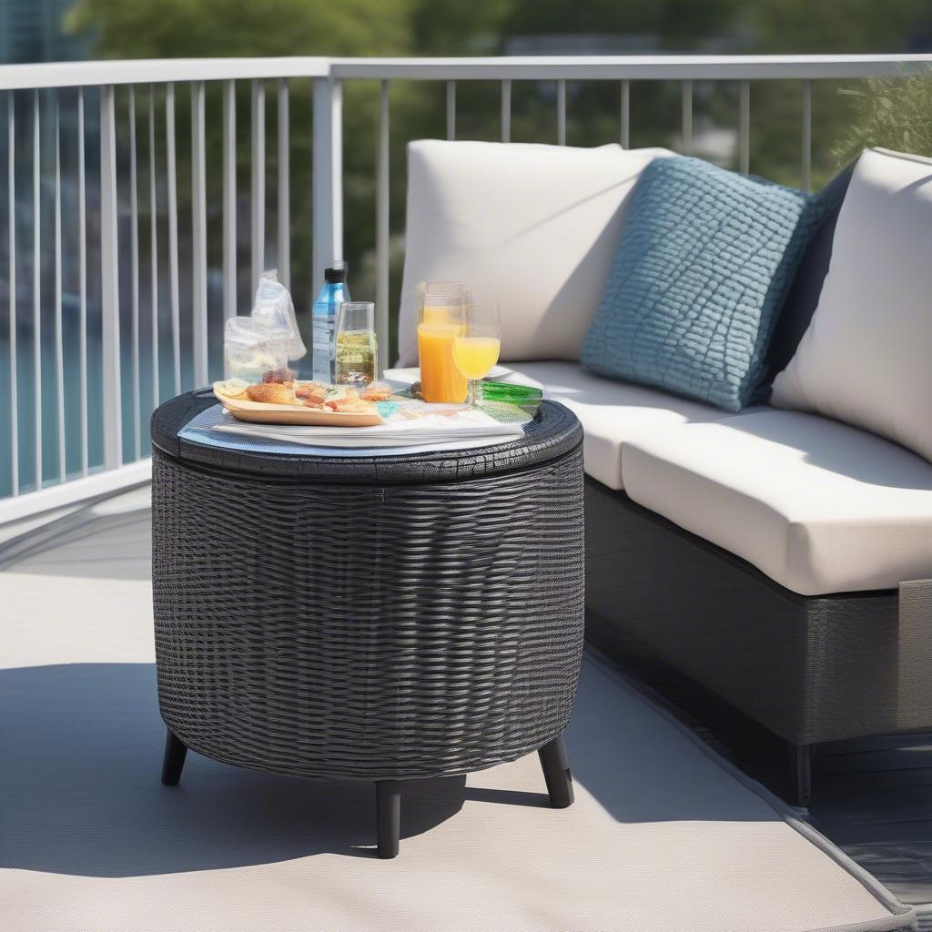 Plastic wicker round storage table on a small balcony with city view.