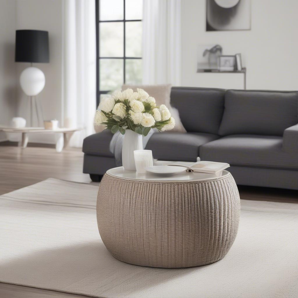 Plastic wicker round storage table in a modern living room setting.