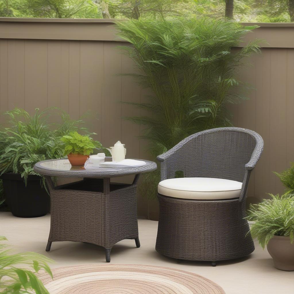 Plastic wicker round storage table on an outdoor patio setting with cushions and plants.