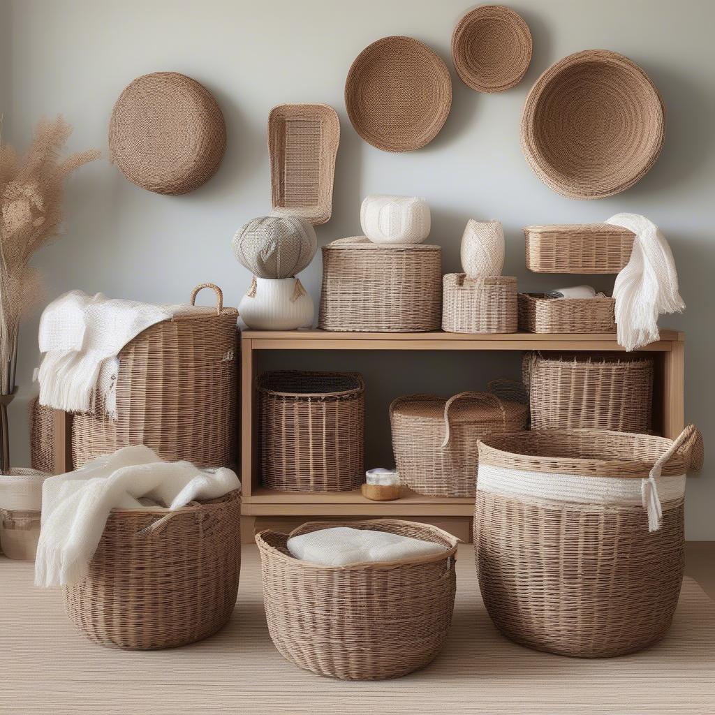 Plastic wicker storage baskets in a living room setting.