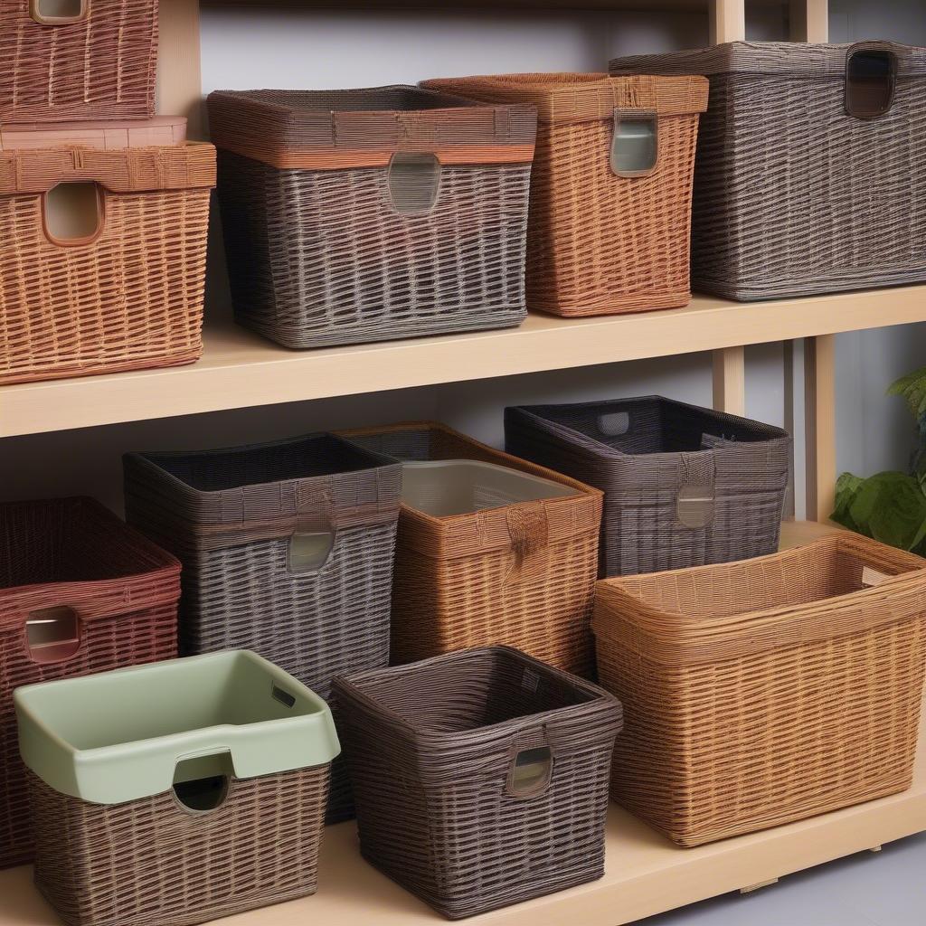 Various styles and sizes of plastic wicker storage baskets showcased in different settings