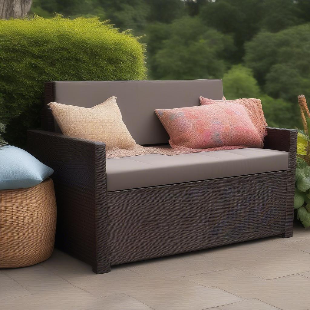 Plastic wicker storage box on an outdoor patio