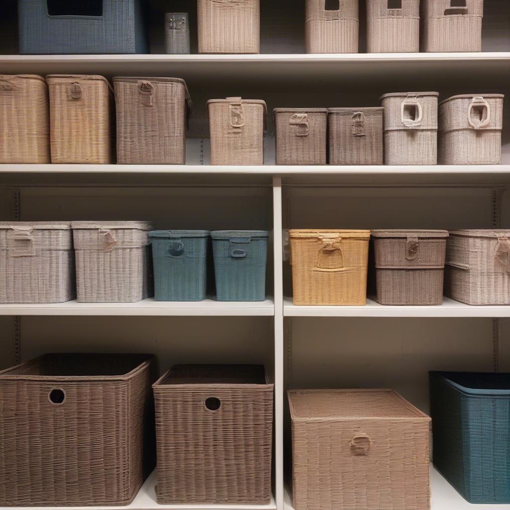 Plastic wicker storage boxes displayed in a retail store