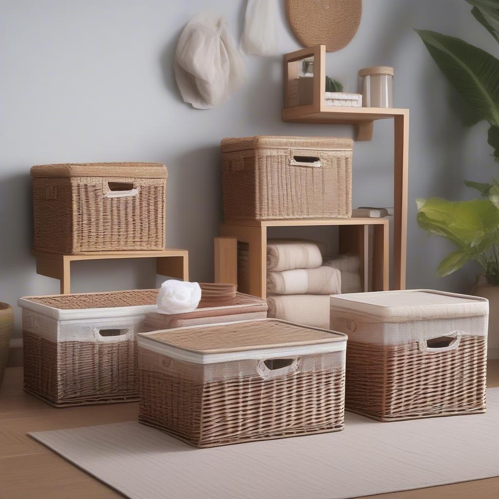 Plastic wicker storage boxes used in different rooms of a house