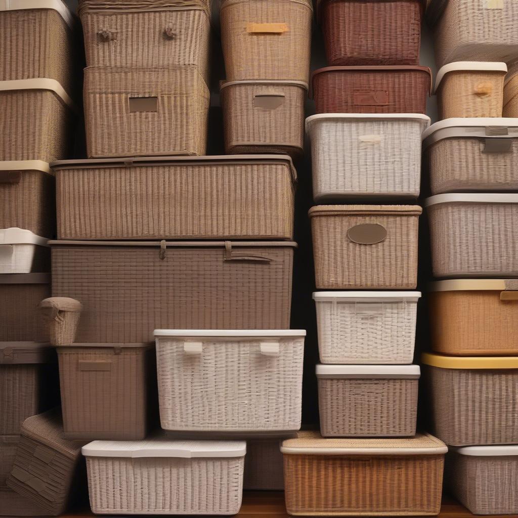 Plastic wicker storage boxes in various sizes and shapes