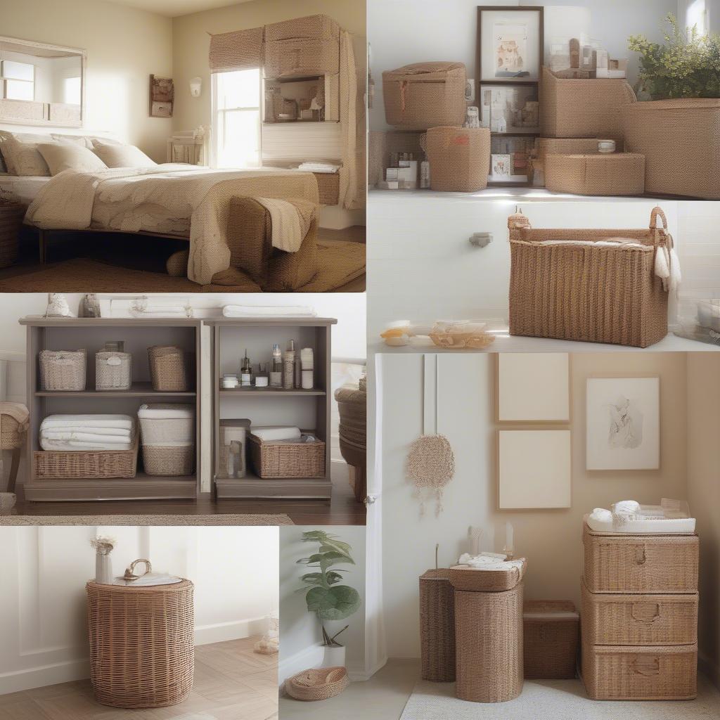 Plastic wicker storage used in different rooms of a house: bathroom, bedroom, living room.