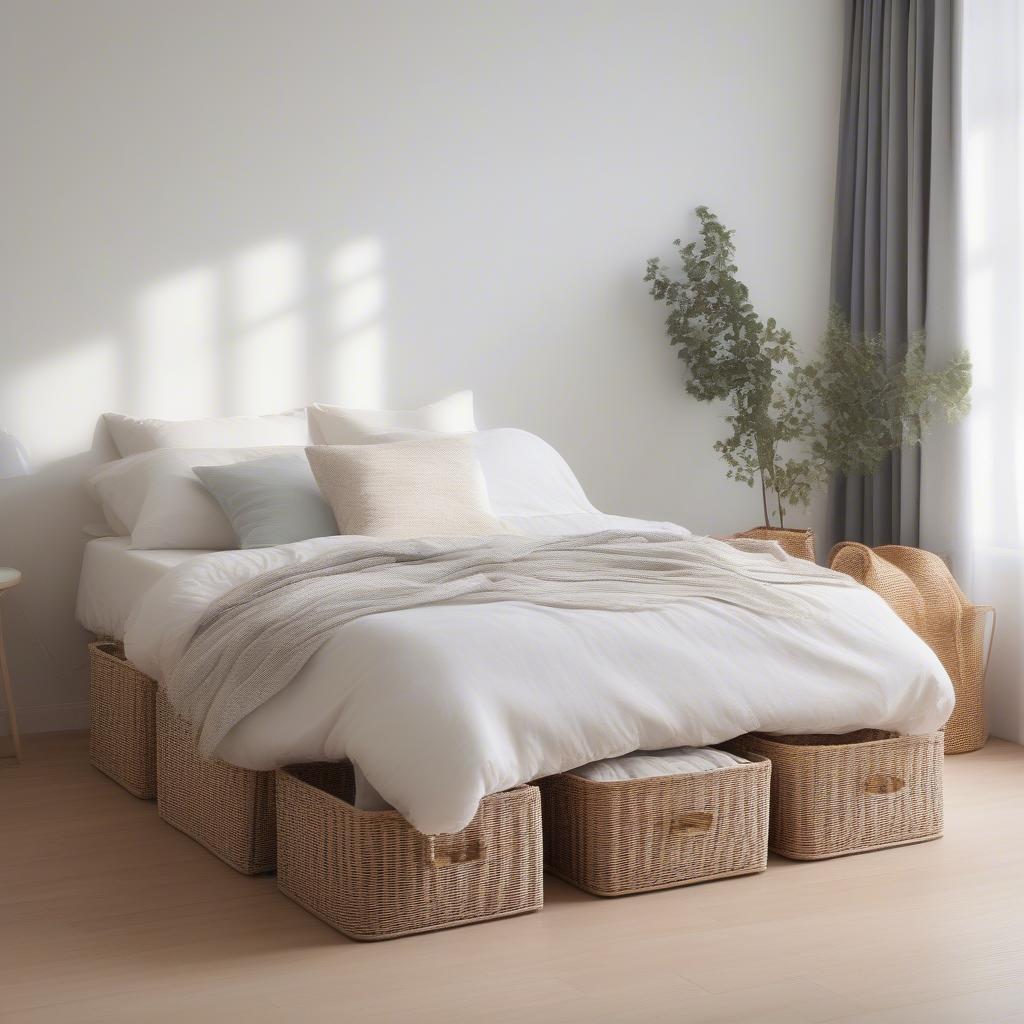 Platform storage bed frame with woven wicker baskets underneath for stylish bedroom storage.