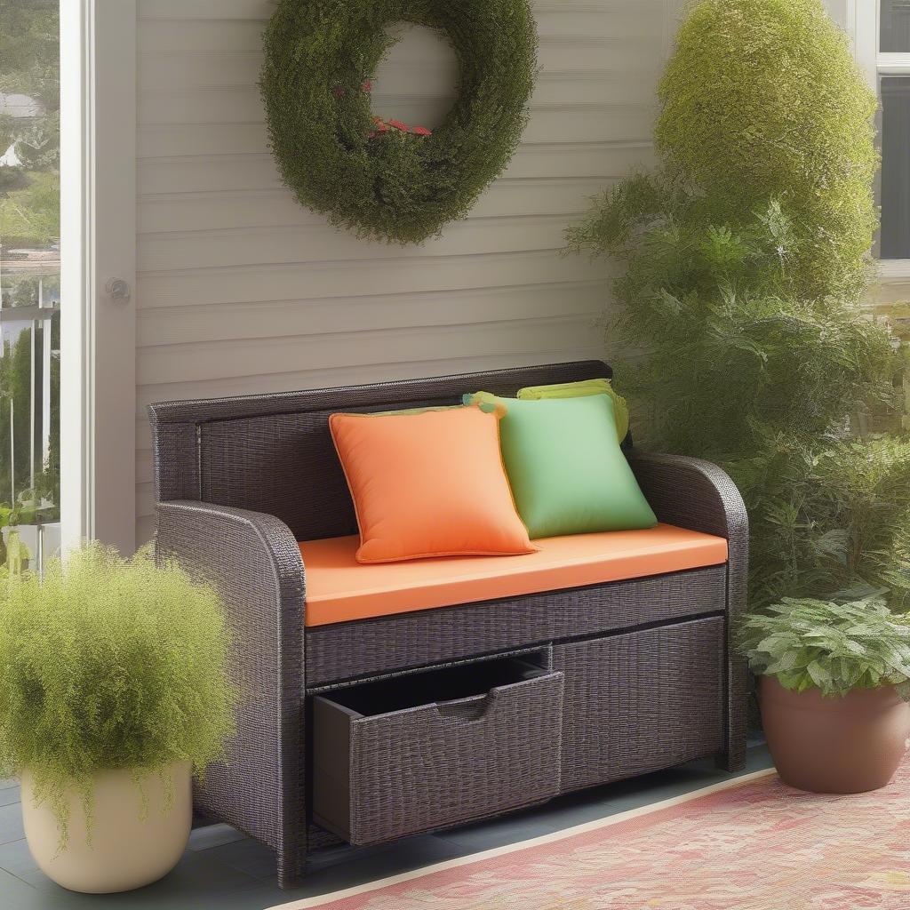 A poly wicker storage bench on a patio.