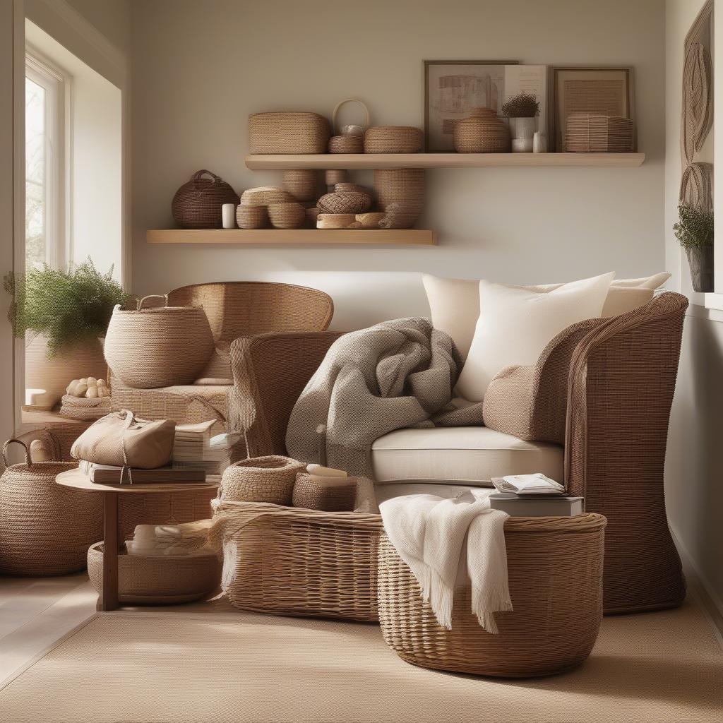 Pottery Barn wicker baskets in a living room setting