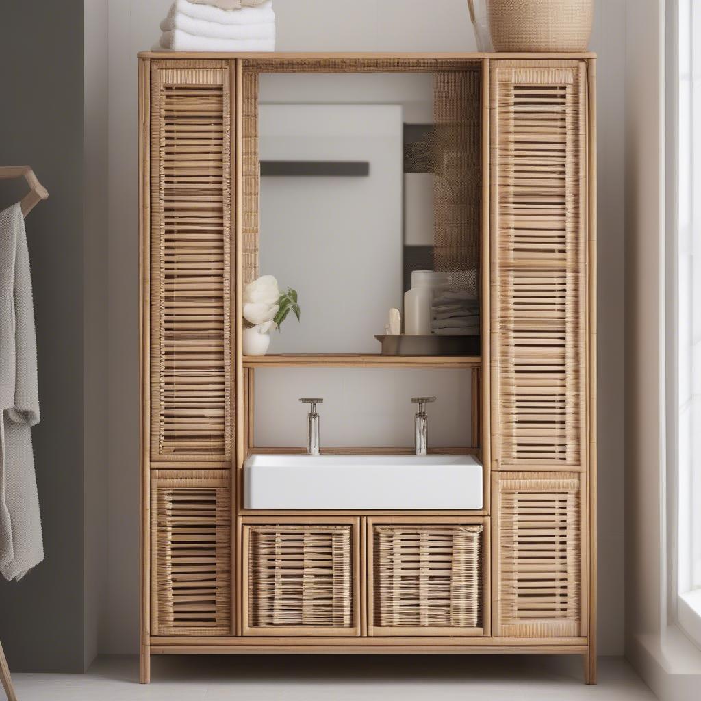 Pre-assembled wicker bathroom cabinet in a modern bathroom setting.