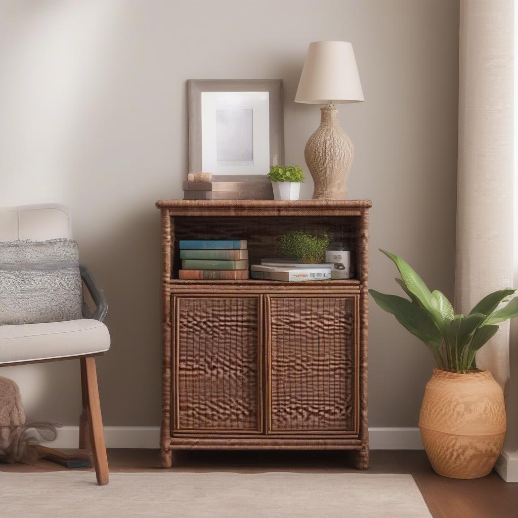 Pre-assembled Wicker Cabinet in a Living Room Setting