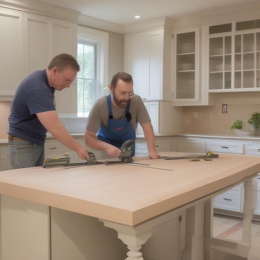 Professional kitchen installers using cabinet jacks for precise alignment