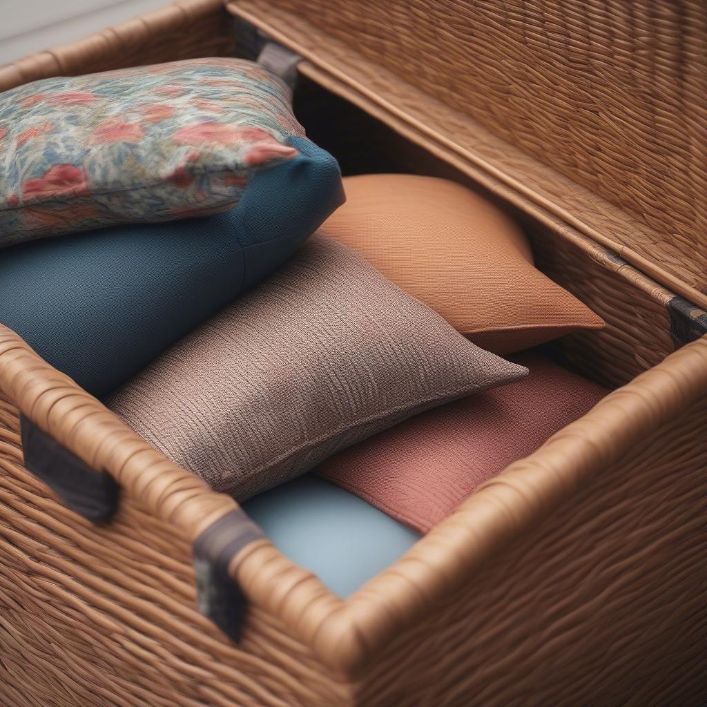 Cushions neatly stored inside an all-weather wicker storage box.