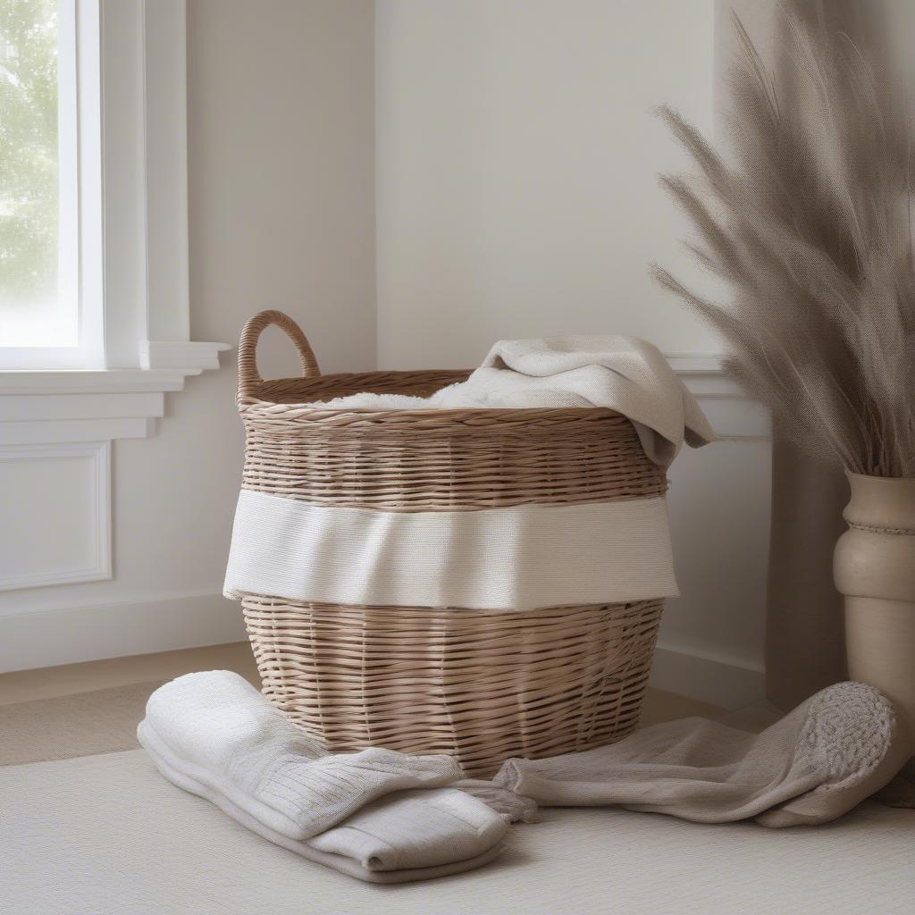 Provence White Wash Lined Wicker Storage Basket in Living Room