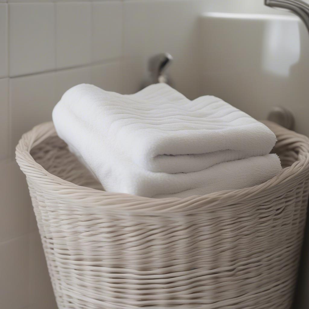 Provence White Wash Wicker Basket with Towels in Bathroom