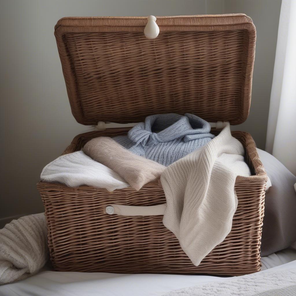 Provence White Wash Wicker Basket with Clothes in Bedroom